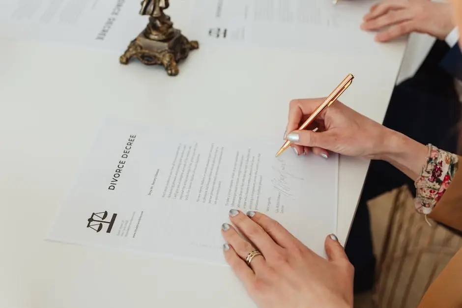 Close-up of hands signing a divorce decree document on a desk, showcasing legal process.